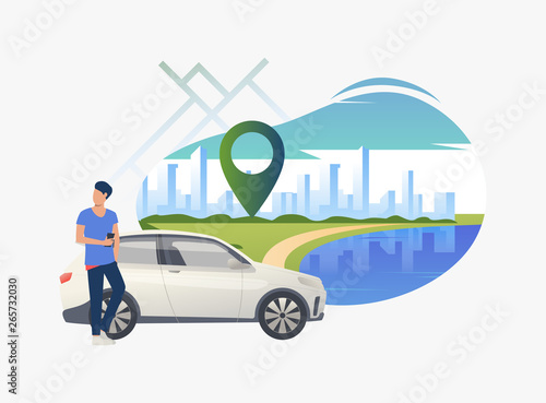 Man standing by car with cityscape in background. Transport, vehicle concept. Vector illustration can be used for topics like business, car sharing service, transportation
