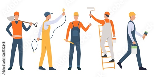 Set of modern workers repairing house. Group of skilled repairmen at work. Vector illustration for housing project, presentation, remodeling