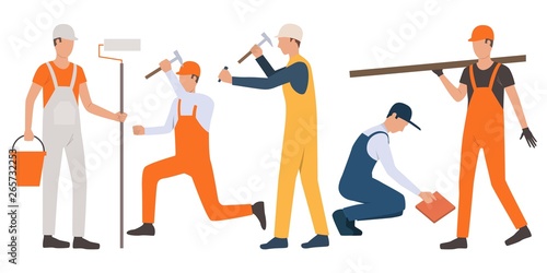 Set of repairmen in work overalls. Group of male vector cartoon characters using repairing tools on white background. Can be used for advertisement, promo, home improvement