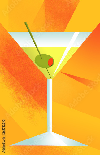 A martini is seen on an orange and red patchwork background with grunge. And of course, an olive in the glass.