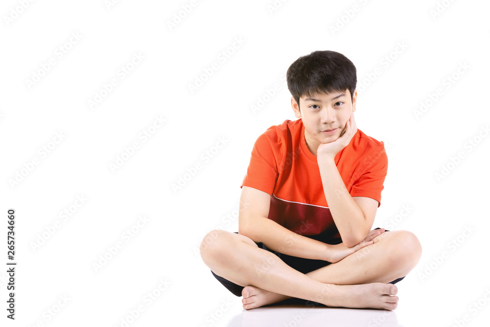 Portrait Young Asian boy sitting over white background, Portrait Young Asian boy sitting over white background,