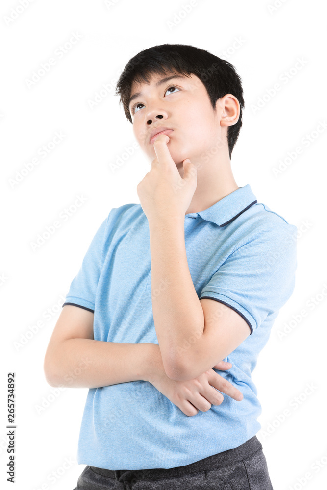 Young Asian boy thinking over white background Young Asian boy thinking over white background