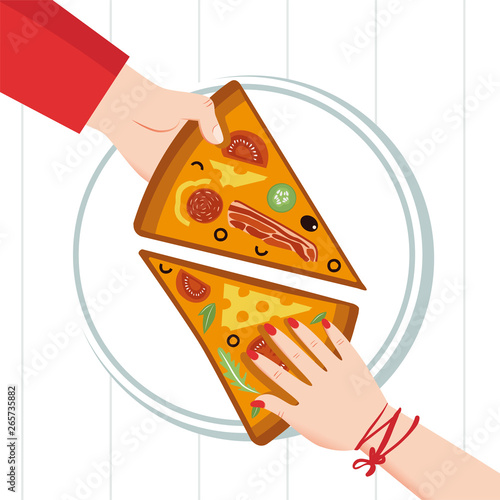 Round big pizza, slices triangle, italian restaurant menu. Family party. Dinner with friends. Everyone takes a piece. Date of a loving couple. Each piece has its own taste.