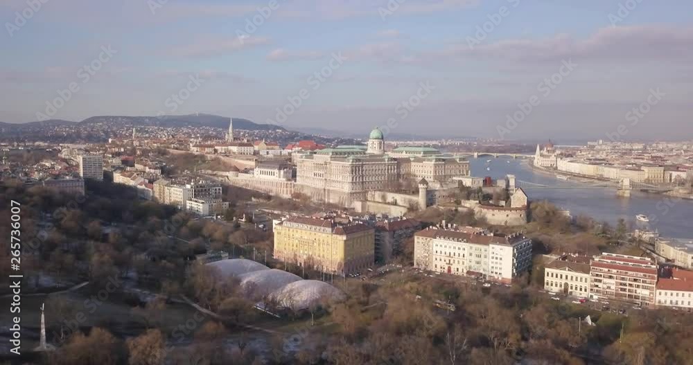 Aerial video shows the Buda Castle and the river Danube in Budapest, Hungary - drone video Aerial video shows the Buda Castle and the river Danube in Budapest, Hungary - drone video