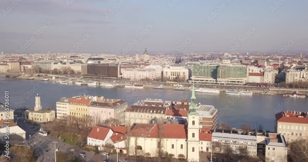 Aerial video shows the Pest side and the river Danube in Budapest, Hungary - drone video Aerial video shows the Pest side and the river Danube in Budapest, Hungary - drone video