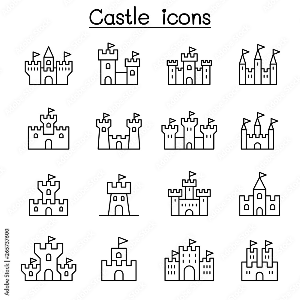 Castle & Palace icon set in thin line style