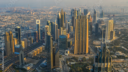 Aerial view of Dubai City at sunrise