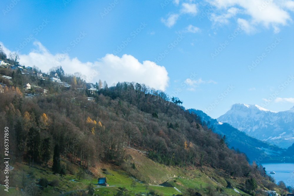 Obraz premium 秋の雪の後のリギ山ロープウェイの車窓（スイス・ルツェルン州／シュヴィーツ州）