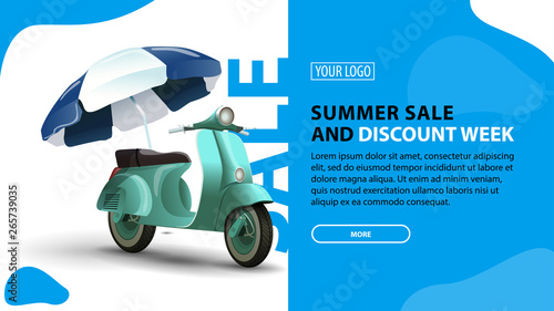 Summer sale and discount week, horizontal discount banner for your website with modern design and a scooter with a beach umbrella