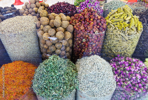 Variety of spices and herbs on street market