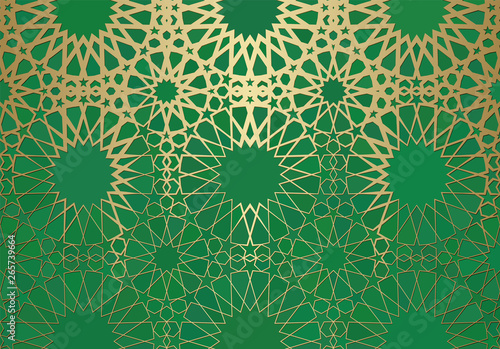 Abstract background with islamic ornament, arabic geometric texture. Golden lined tiled motif.