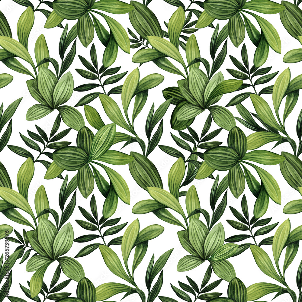 Seamless Pattern of Watercolor Orchid Leaves