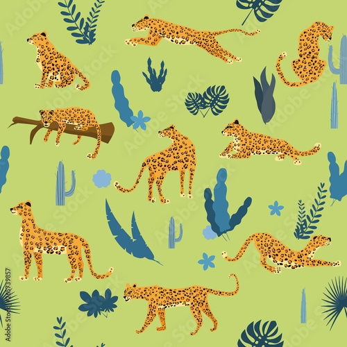 Seamless pattern with leopards in different poses with tropical leaves  plants  mammal  predator  jungle