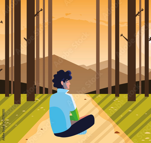 man contemplating horizon in the forest scene