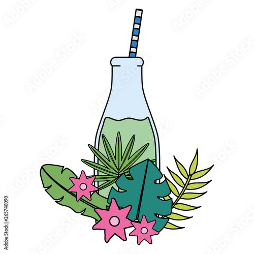 fresh juice fruit in botttle with straw in floral decoration