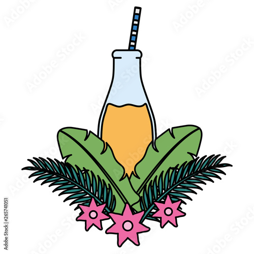 fresh juice fruit in botttle with straw in floral decoration