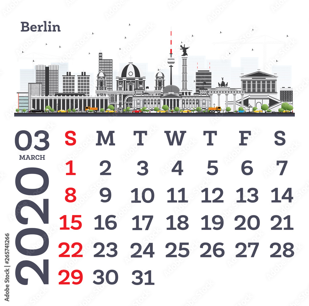 March 2020 Calendar Template with Berlin City Skyline.