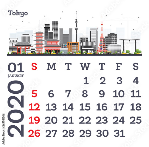 January 2020 Calendar Template with Tokyo City Skyline.