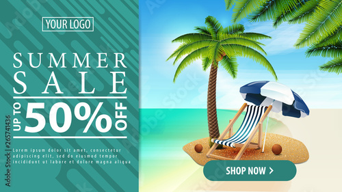 Summer discount, horizontal discount banner with a button for your website with palm tree, beach chair and beach umbrella