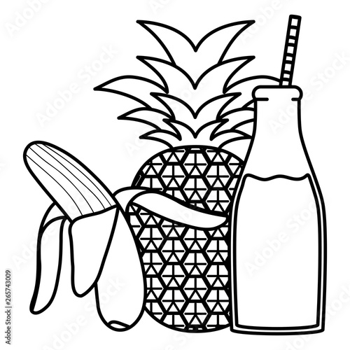 fresh pineapple and banana juice fruits in botttle with straw