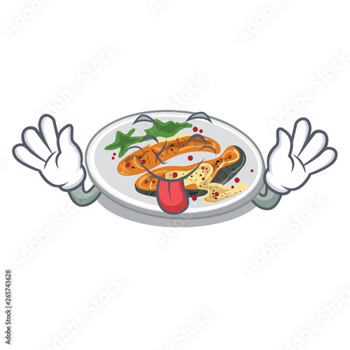 Tongue out grilled salmon on a cartoon plate