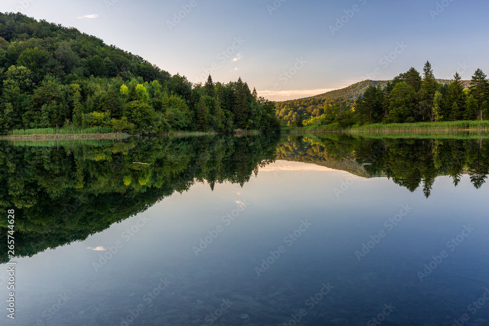 Calm evening on the beautiful lake in Plitvice Lakes National Park, Croatia