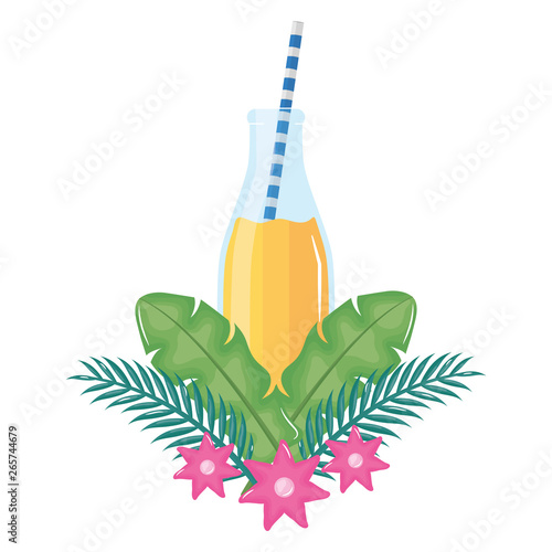 fresh juice fruit in botttle with straw in floral decoration