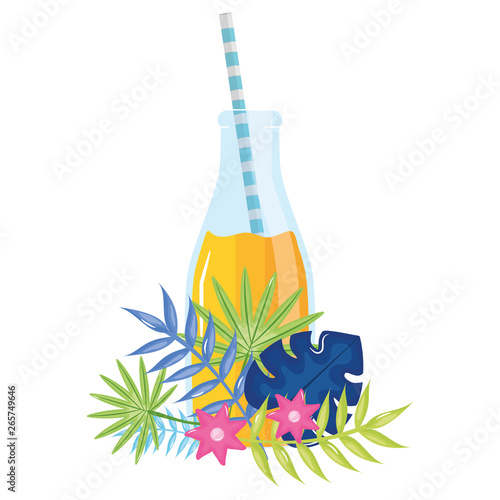 fresh juice fruit in botttle with straw in floral decoration