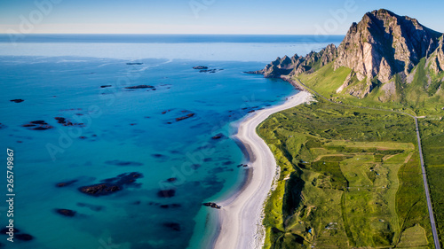 Aerial view of Bleik's beach on the Andøya island in Norway