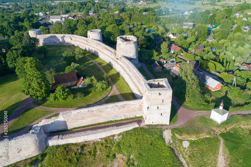 View of the towers of the Izborsk fortress on a sunny June day (shot from a quadrocopter). Pskov Region, Russia