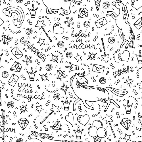 Hand-drawn seamless pattern with unicorns. Black and white vector pattern with writing elements. 