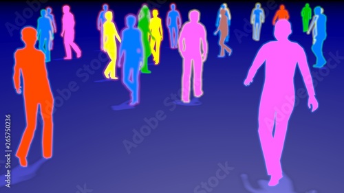 Colorful people walking on blue floor .Solid colors with flat shaded surfaces on people . Shadows on ground. 3d render