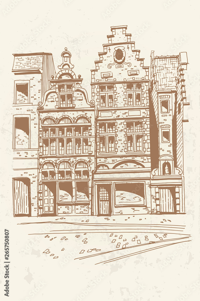 Vector sketch of Traditional architecture in the town of Bruges (Brugge), Belgium Vector sketch of Traditional architecture in the town of Bruges (Brugge), Belgium