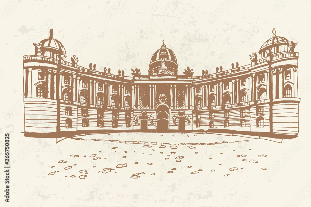 vector sketch of Hofburg palace on St. Michael square (Michaelerplatz), Vienna, Austria 