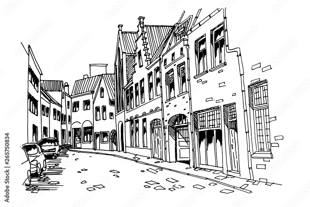 Vector sketch of Traditional architecture in the town of Bruges (Brugge), Belgium