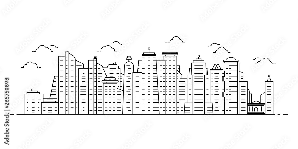 black thin line cityscape with skyscrapers