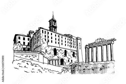 vector sketch of Ancient ruins of a Roman Forum or Foro Romano, Rome, Italy.
