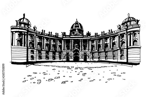 vector sketch of Hofburg palace on St. Michael square (Michaelerplatz), Vienna, Austria 