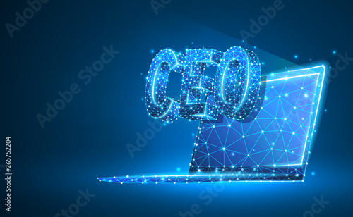 Chief Executive Officer, CEO on notebook screen. Device, leadership, headship concept. Abstract, digital, wireframe, low poly mesh, vector blue neon 3d illustration. Triangle, line, dot, star