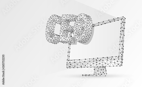 Chief Executive Officer, CEO on monitor screen. Device, leadership, headship concept. Abstract, digital, wireframe, low poly mesh, vector white origami 3d illustration. Triangle, line, dot, star