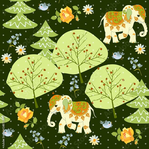 Seamless pattern with cute cartoon elephants running through a magical forest. Printing on fabric  wallpaper.