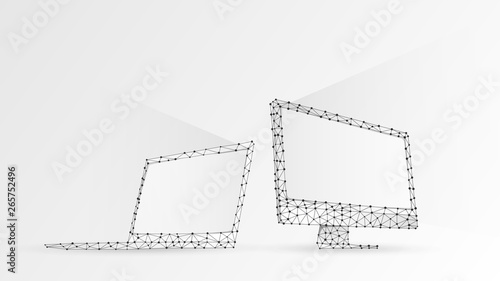 Laptop and computer monitors composed of polygons. Electronic devices with white screen. Abstract, digital, wireframe, low poly mesh Raster white origami 3d illustration. Triangles, lines, dots, stars