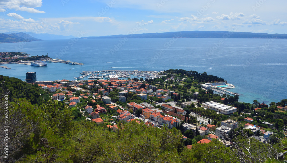 Panoramic view  of Split Seafront & harbor  with the Island of Brac in distance.