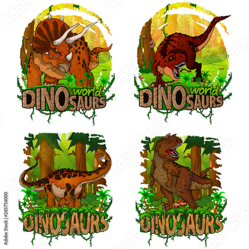 Set of dinosaur world logos. Vector illustration. Tyrannosaurus, Triceratops, Titanosaurus, Carnotaurus