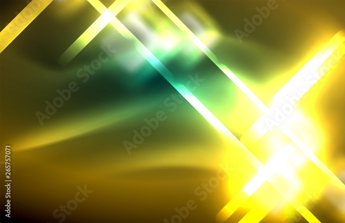 Neon square and line lights on dark background with blurred effects