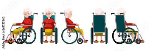 Vector illustration of elderly woman sitting in a wheelchair. Cartoon realistic people. Flat woman. Front, side and back views. Isometric view. Grandmother, happy old people with physical disability.