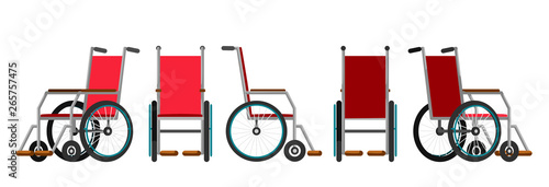 Vector illustration of wheelchair under the white background. Cartoon realistic illustration. Flat style. Front, side and back views. Isometric view.