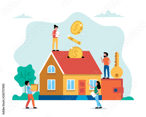 Investing money in real estate, buying house, small people doing various tasks. Concept vector illustration in flat style