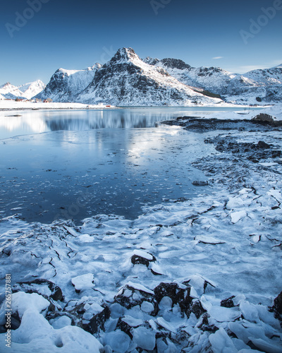 Long exposure in Lofoten Islands, Norway during a cold winter day