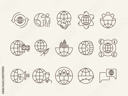 Intercontinental business line icon set